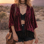 Wet Seal Burgundy Crushed Velvet Fringe Kimono | Festival Y2K Boho-One Size Photo 0