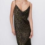 ZARA Green Animal Print Sleeveless Silk Satin Cowl Neck Cami Slip Midi Dress XS Photo 0