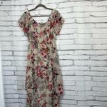 AUW  Floral Midi Dress Women’s Medium Beige Red Short Sleeve Boho Peasant Western Photo 5