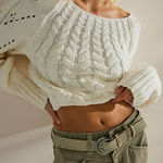 Free People  Chunky Cable Knit Sandre Pullover Sweater Ivory XL Preppy Classic Photo 0