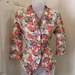 Rebecca Malone 2000s Whimsical boho floral fitted button up down office siren core shirt top blouse cottagecore 3/4 sleeves orange yellow multicolored colorful-S Measurements in pics Photo 1