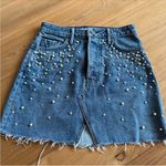 Milla Embellished Crystal & Pearls Raw Hem Frayed Mini Denim Skirt Jean Skirt in Solstice Blue Size M Photo 14