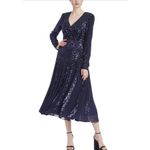 Badgley Mischka  Long-Sleeve Sequin Godet Midi Dress in Navy Size 4 Photo 1