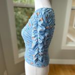 ZARA Baby Blue Pink Floral Mesh Rusched V Neck Elbow Sleeve Top Size Small Photo 2