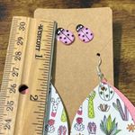 None Women's Lady Bug Studs Succulent Cactus Plant Dangle Earrings Set Pink White Photo 2