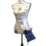 Handmade Italian Italy Leather Crossbody Purse Boho Fringe Embossed Floral Blue Gold NWOT Photo 1