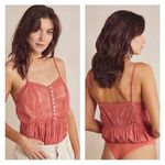 Free People NWOT Still The One Lace Trim Cotton Bodysuit In Coral Womens Size L Photo 1