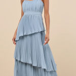 Lulus Jehona Dusty Blue Pleated Tiered Maxi Dress Long Formal A Line Small NWT Photo 0