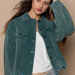 POL Jacket Corduroy Teal Size Medium Trucker Raw Hem Pockets Short Oversized Photo 0