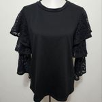 Anthropologie Pleione Black Tiered Lace Sleeve Crewneck Sweatshirt Size Small Photo 1