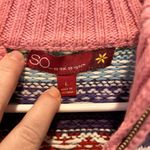 SO  Fair‎ Isle Cardigan Ski Sweater Large Juniors Zip Front Pink Colorful Y2k Photo 3