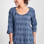 Flax Blue Jay Puckered Striped 3/4 Sleeve Scoop Round Neck Linen Top Size P Photo 0