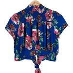 Love j Crop Top Womens L Blue Floral Smocked Open Back Tie Dolman Sleeve Coastal Photo 0