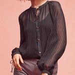 Anthropologie Maeve Petite Della Navy Blue & Green Chevron Long Sleeve Blouse LP Photo 0