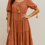 Listicle Boho Tiered Cotton Midi Dress Women’s Rust Orange Puff Sleeve Tassel Peasant Photo 0