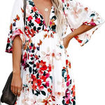 Lovestitch  3/4 Flare Sleeve VNeck  Boho Floral Swing ALine Beach Mini Dress Photo 0
