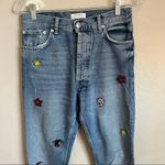ZARA  High Rise Button Fly Straight Distressed Gem Bedazzled Raw Hem Denim Jeans Photo 3