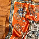 VINTAGE EQUESTRIAN horse and carriage orange silky SCARF 35’/35’ inches Photo 10