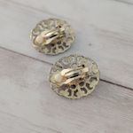 Vintage Clip On Earrings Large Ornate Gold Tone with Dark Teal Center Statement Green Photo 4