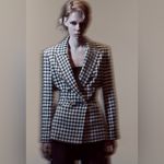 ZARA  New Ecru/Black Long Sleeve Lapel Collar Plaid Double Breasted Blazer Size S Photo 3