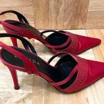 Vintage ESCADA Red Satin Embellished Pointy Toe Sling Back High Heels Pump 37 Size 6 Photo 3