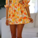 Sky to Moon Romper Dress Orange Citrus‎ Print Puff Sleeve Smocked Mini S Photo 0