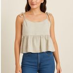 POL Beige Striped Tie Strap Ruffle Peplum Top Size Small Photo 0