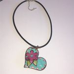 Wooden Boho Floral Chunky Rhinestone Heart Pendant Necklace Pink Photo 3