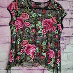 Karen Kane  SHEER MESH BRIGHT PINK FLORAL EMBROIDERED SCALLOP TRIM OVERSIZED TOP Photo 0