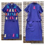 Vintage Art Deco cats teacher shirt dress and jacket set Cotton SMALL Blue Photo 1