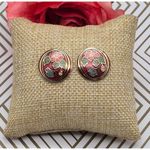 Beautiful Vintage Red & Gold Cloisonne Flower Butterfly Round Pierced Earrings Photo 2