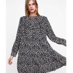 ZARA  Black Cream Leopard Animal Print Long Sleeve Ruffle Mini A-line Dress XS Photo 2