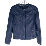 Vince Quilted Sleeve Lamb Leather Moto Jacket Front Zip Blue Size XS Photo 3