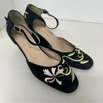 Newport News  Black Suede Floral Embroidered Wedge Sandals Womens 8.5 Ankle Strap Photo 1