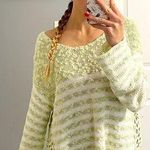 Free People  Green & White Stripe Loose Textured Sweater Photo 0