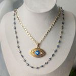 Gold Stainless Steel Chain Necklace with Blue Enamel Evil Eye Photo 4