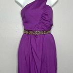 Trina Turk Silk Dress Womens Size 8 One Shoulder Beaded Belted Mini Party Purple Photo 0