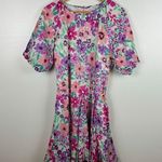 Fate Women Frances Floral Pleated Skirt Dress Sz L Puff Sleeve Colorful Feminine Pink Size L Photo 3