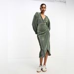 ASOS  Women's Plisse Wrap Midi Dress Collared with Blouson sleeves Green Size 10 Photo 15