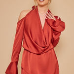 Pretty Little Thing New  Rust Satin Cowl Cold Shoulder Shift Dress Mini Size 4 Photo 0