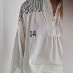 Laurence Bras Cotton Nord Blue Smocked Embroidered Blouse Small White Navy Boho Photo 13