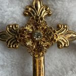 Vintage Gold Color Fleur De Lis Cross Pin Brooch Jane 1998 AOL Center Rhinestone Photo 3