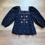 Madewell Embroidered Corduroy Button Back Peplum Top Sz S Navy Blue Square Neck Photo 2
