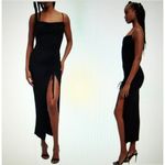 Good American  Women's SLINKY JERSEY MIDI DRESS  Black Ruched Bodycon Size 3/L Photo 1
