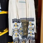 Skies Are Blue  Cream Navy Blue Long Cardigan Fringe Tribal Print Size Medium Photo 0