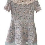 Elegant Floral Lace Dress with Sheer Hem and Flower Appliqué Details Pink Size L Photo 0