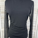 Adrianna Papell  Black Mesh Sleeve Mockneck Knit Top with Side Ruching-Large Photo 0