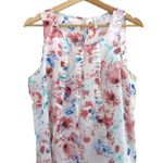 Elle MEDIUM White Pink Floral Chiffon Pleated Scoop Neck Sleeveless Top Blouse Photo 3