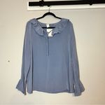 Ruffled Neck Silk Long Sleeve Steel Blue Blouse Size Large Balloon Sleeves NWT Photo 2