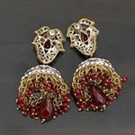 Indian Jhumka Brass & Ruby Dangling Pierced Earrings Red Photo 3